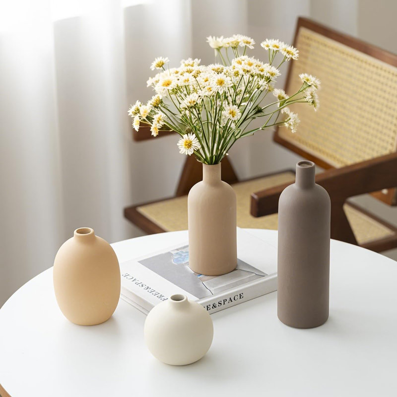 Vase en céramique moderne 4 pièces, Brun / pêche / blanc