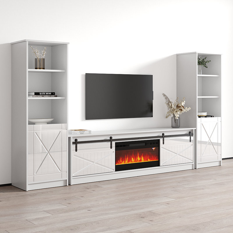 Meuble audio-vidéo moderne avec foyer électrique 120,5 po Fiorenze, Blanc / noir
