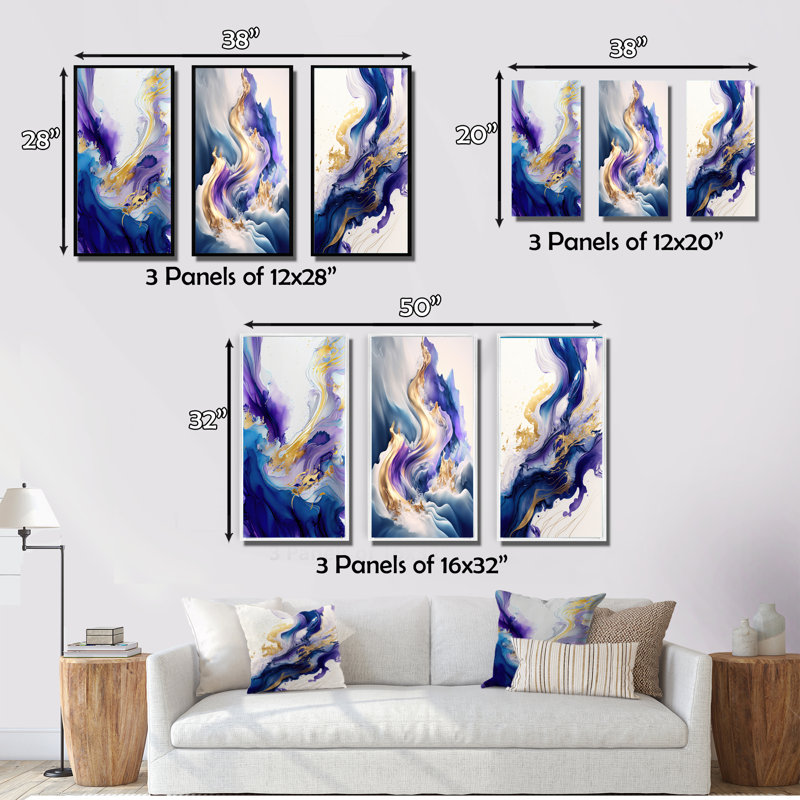 «Blue and Gold Splash Paint», 3 pièces sur toile, Or, H 20 po x l 36 po