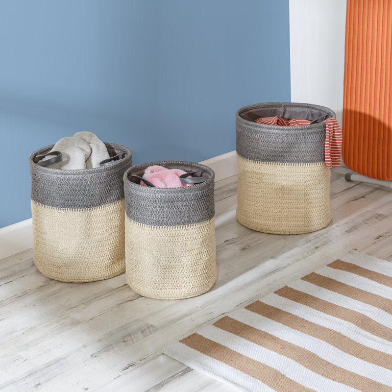 Gray and Natural Woven Collapsible Laundry Basket Set for Kids