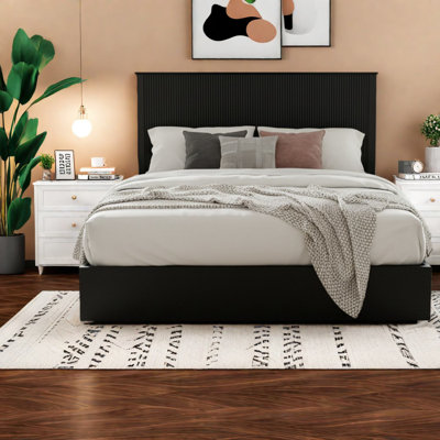Très grand lit durable, structure en bois massif, mobilier de chambre noir moderne