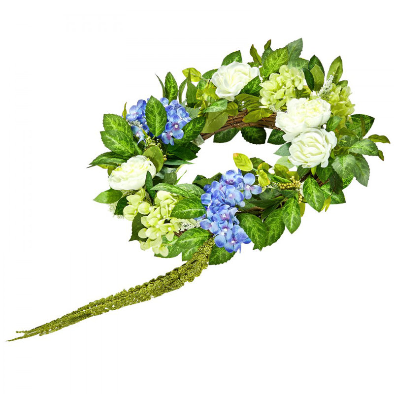 Artificial Decorative Wreath 58 cm Blue, White, and Green Hydrangeas & Roses