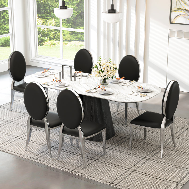 Modern Dining Chair Set, PU Leather Seats With Oval Backrest, Armless Chairs, And Mirror Stainless Steel Legs, 6, Black, Gold