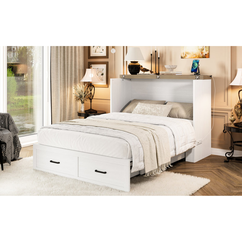 Armoire de lit double avec ports de chargement et tiroir de rangement, une option pratique pour les intérieurs en bois, Blanc