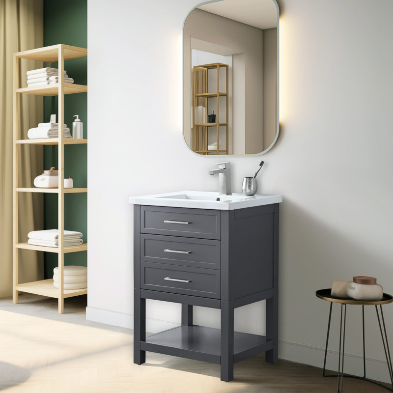 Meuble-lavabo simple 24 po avec comptoir en céramique Vicini, Gris foncé / nickel brossé