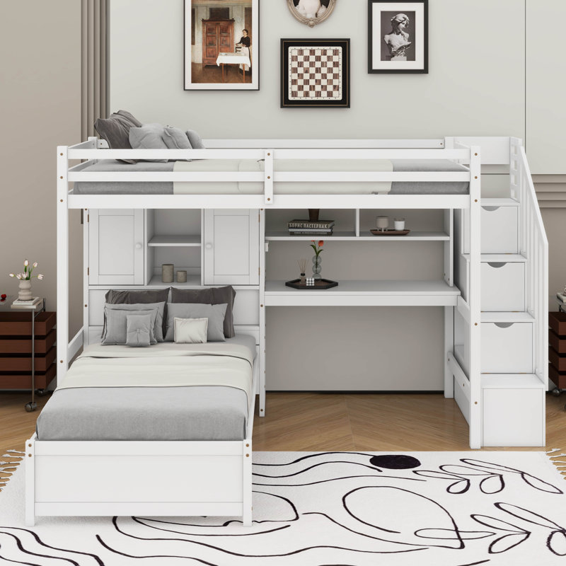 Lit mezzanine simple au-dessus de simple avec bureau, Blanc