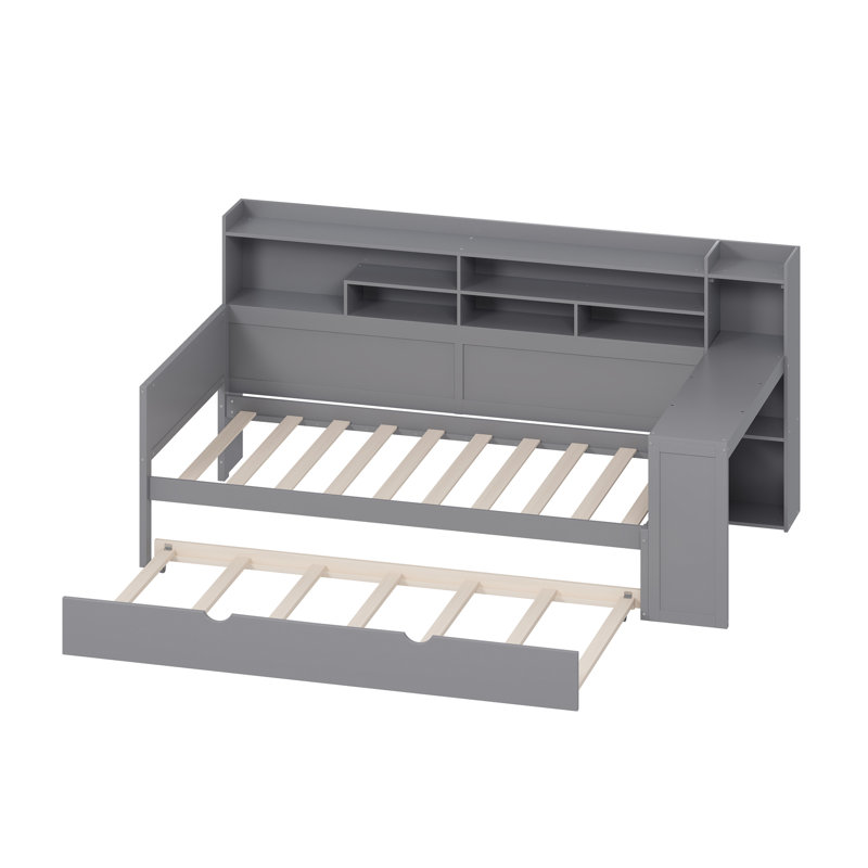 Multi - Functional Twin Gray Bed With Study Desk, Trundle, And Space Saving Storage Storage, Desk For Bedroom, Twin