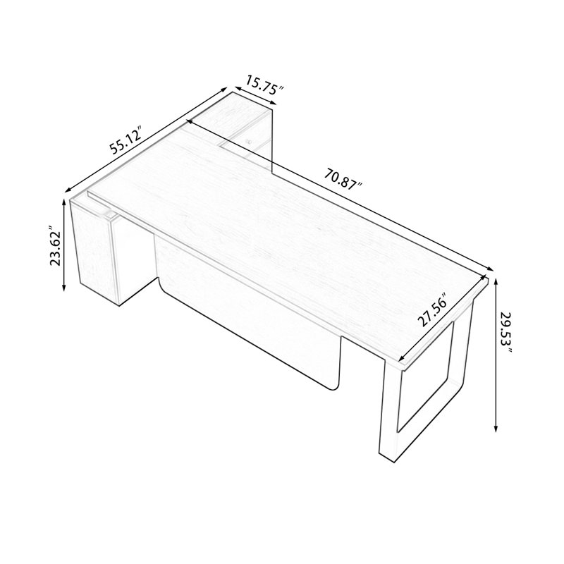 Bureau brun clair + bois massif rectangulaire noir + bureaux en fer, Retour à droite, H 29,53 po x l 70,87 po x P 27,56 po