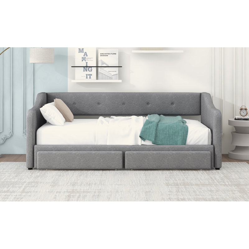 Lit de jour simple tapissier très grand avec deux tiroirs, Gris