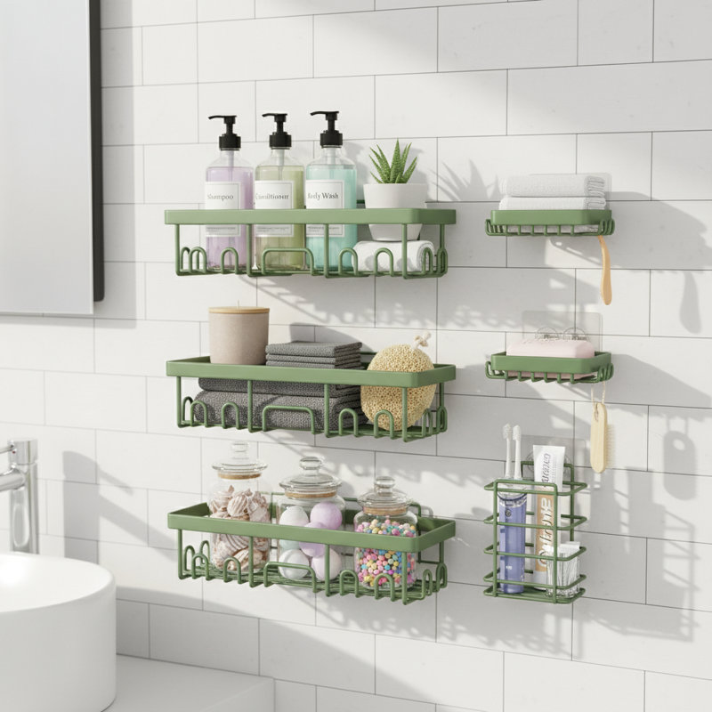 Organisateur de salle de bain mural antirouille avec porte-savon No-Drilling, Vert