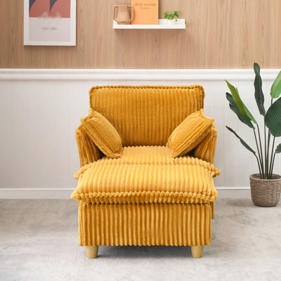 Corduroy 1 avec et coussins - Espace de lecture moderne, cadre en bois massif rembourré d'éponge jaune + salon à panneau en bois, balcon