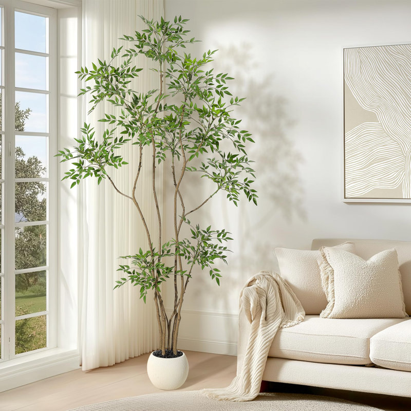 6FT Artificial Nandina Tree in White Pot, Realistic Faux Floor Plant with Lush Foliage for Home Decor, 180cm, 210cm
