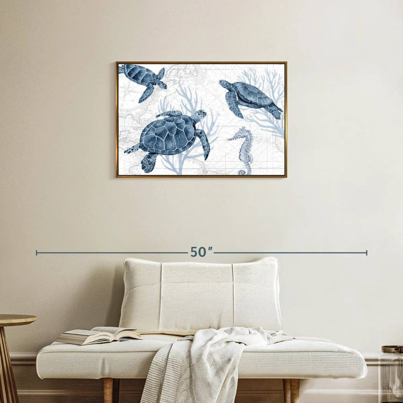 Bleu profond I sur blanc, Cadre flottant doré, 46 po x 31 po