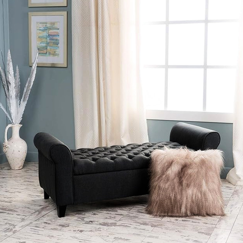 Banc de rangement contemporain en tissu avec accoudoirs à boutons et accoudoirs roulés, gris foncé, Gris foncé