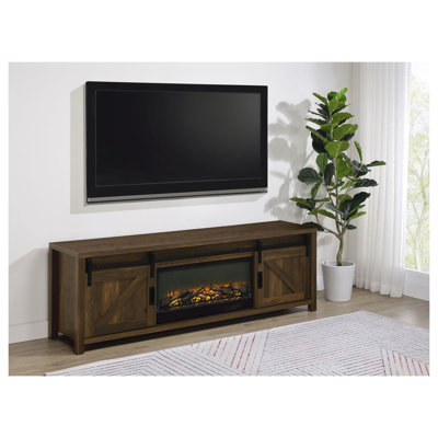 Meuble télé Clover en pin foncé avec foyer intégré (71 po) pour téléviseurs jusqu'à 80 po, portes coulissantes de style grange et effet de flamme télécommandé.
