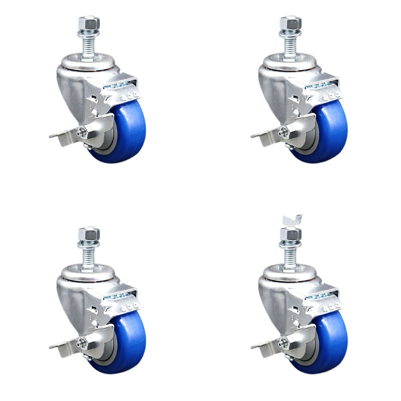 Ensemble de roulettes à tige filetée 3,5 mm en polyuréthane pivotant 3,5 mm SCC, Bleu