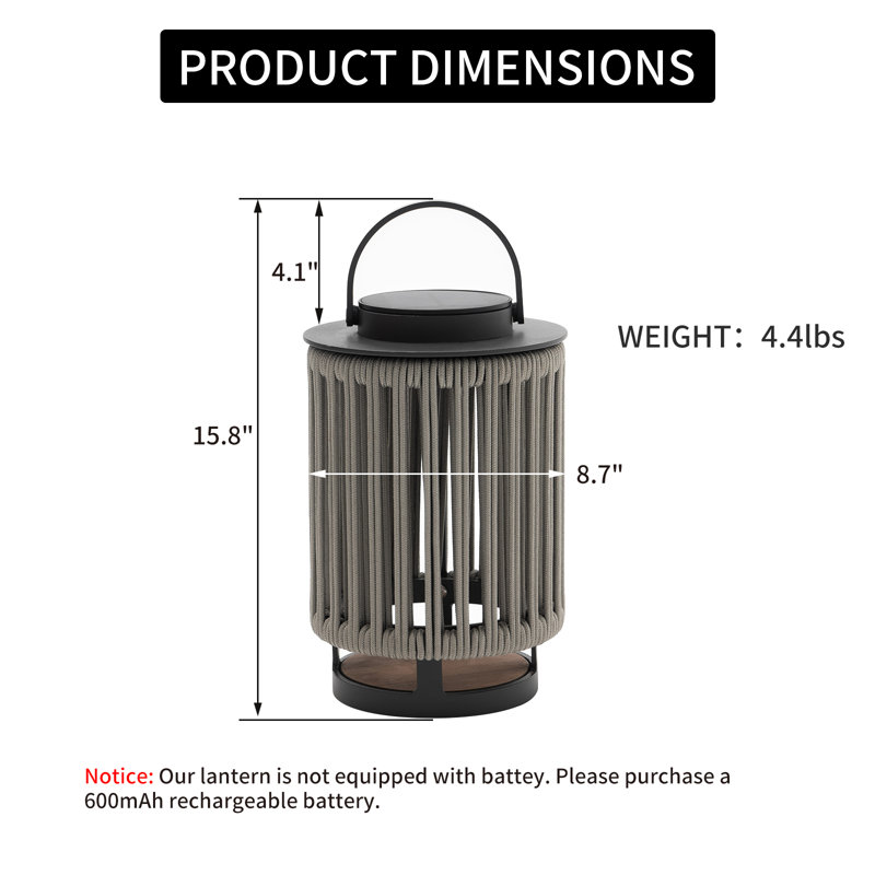 Outdoor Solar Lights Patio Decorative Lanterns Aluminum Lantern with Braided Rope, 13" H x 8.7" W x 8.7" D, Gray