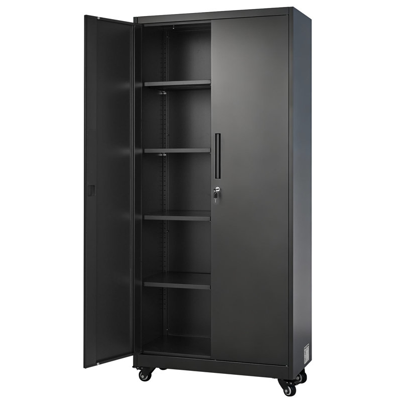 Metal Storage Cabinet, 70.6 in Rolling Steel Garage Cabinet with Adjustable Shelves, 2 Magnetic Doors, Hanging Rod & 3 Rod Hooks, 5 Tiers Lockable Tool Storage for Pantry, Warehouse, Basement