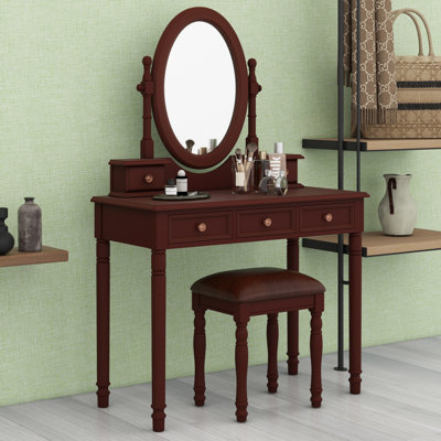 Wooden Vanity Table Set Featuring Tilting Mirror, Velvet Stool, and Fabric-Lined Drawers