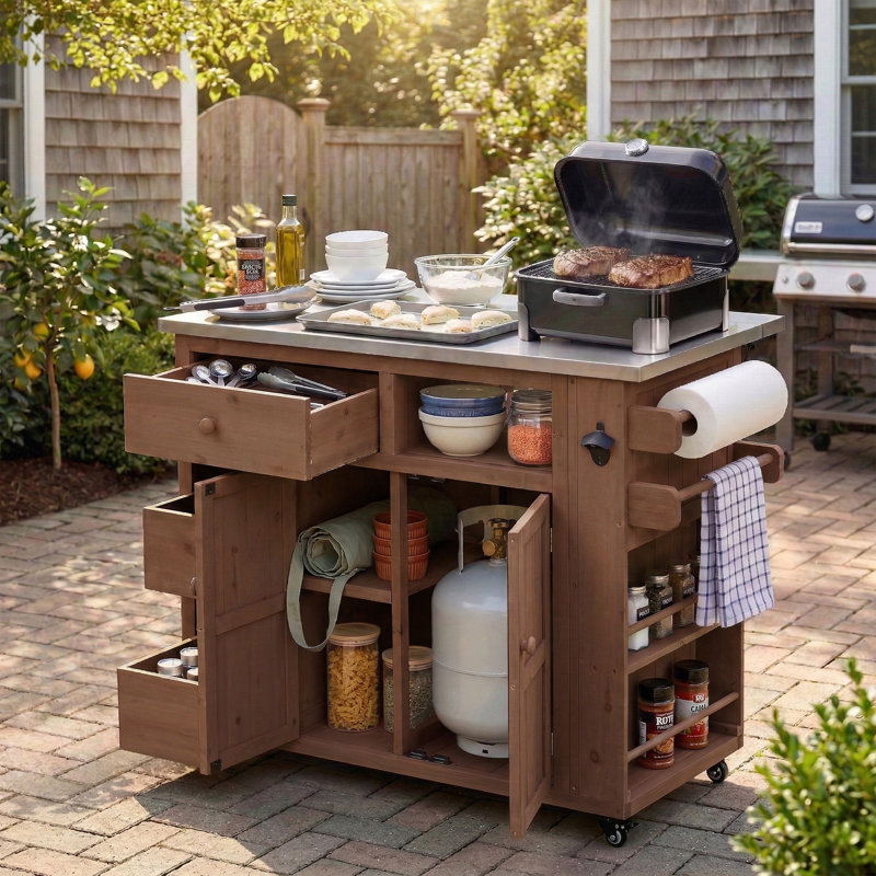 Îlot de cuisine extérieur extensible en bois massif de 19,3 po / 28 po avec plateau à épices en acier inoxydable, Brun