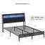 Structure de grand lit en métal noir, tête de lit ergonomique avec petit - Rangement pour accessoires, DEL et station de charge