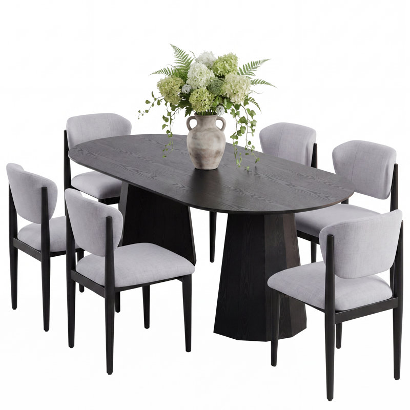 Ensemble de salle à manger ovale en bois massif pour 6 personnes avec 6 chaises rembourrées Hulse, Noir, Gris
