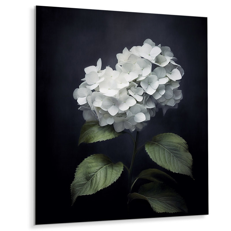Fleurs blanches noires d'hortensia - art mural floral en métal, H 32 po x l 16 po x P 1 po