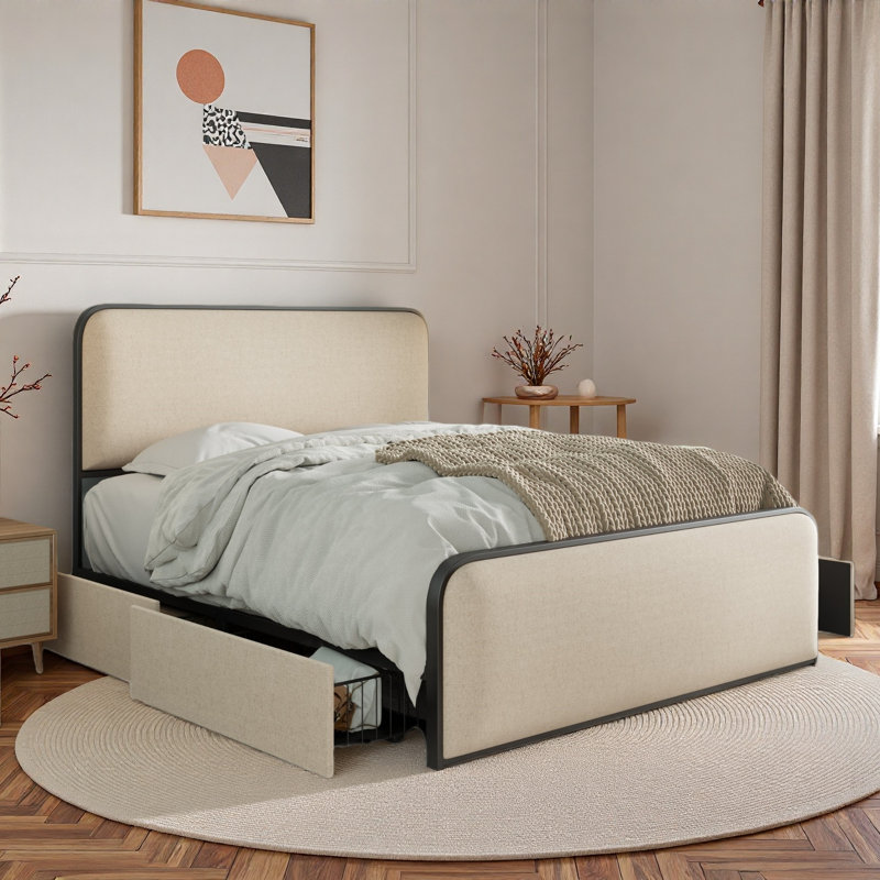 Lit moderne en métal avec tête de lit tapissier courbée et pied de lit avec 4 tiroirs de rangement, Très grand lit