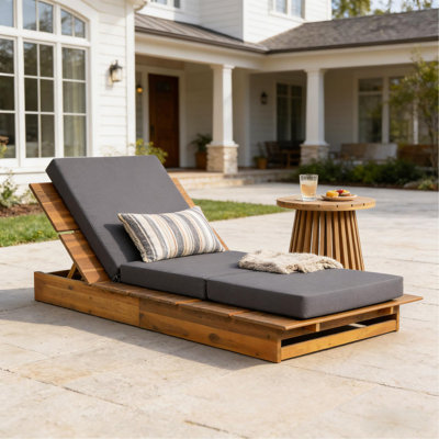 Acacia Wood Chaise Lounge with 4" Thick 3-Fold Movable Cushion – Wide Teak Finish Patio Lounger, 3-Position Recliner, 400 lbs Capacity