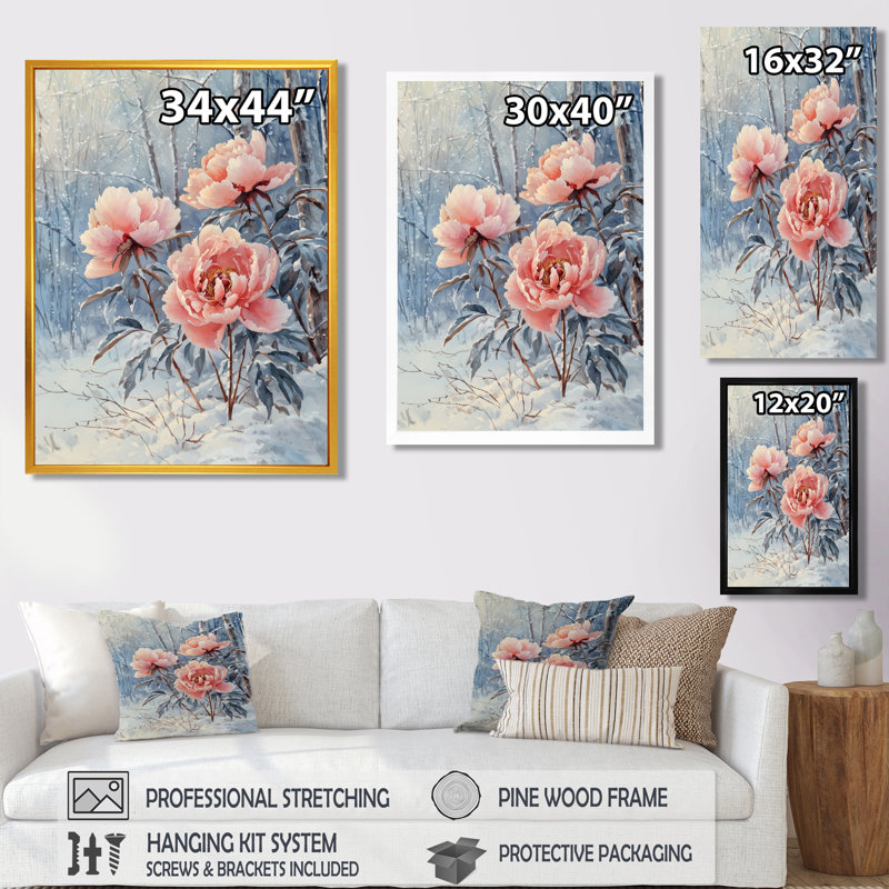 Hiver, pivoines glacées dans la forêt II - pivoines, art mural, H 60 po x l 28 po, Reproduction avec cadre flottant, Noir