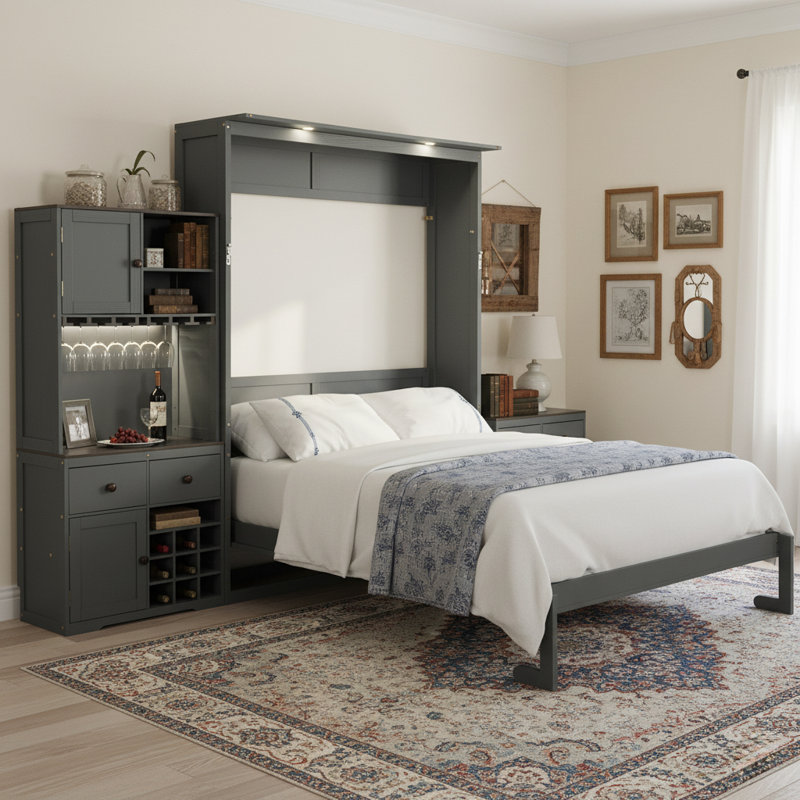 Grand lit escamotable avec garde-manger intégré, Gris