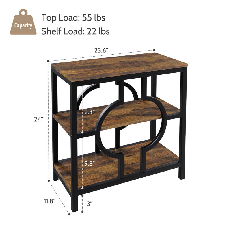Narrow Industrial Side Table With 3-Tier Storage Shelves For Living Room, Brown
