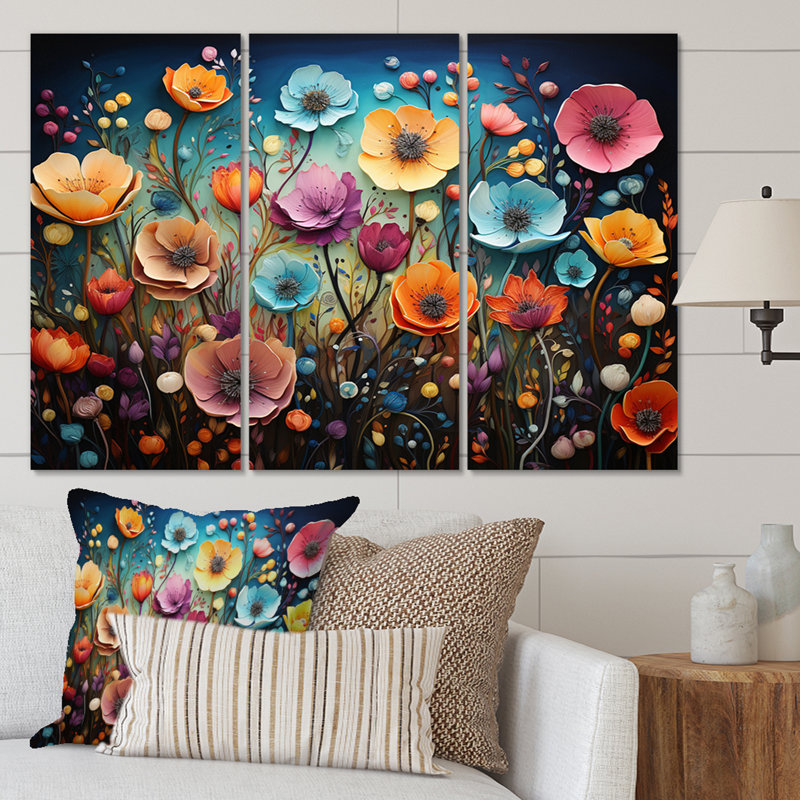 Fleurs colorées fantaisistes - impression sur toile tendue 3 pièces, H 32 po x l 48 po x P 1 po