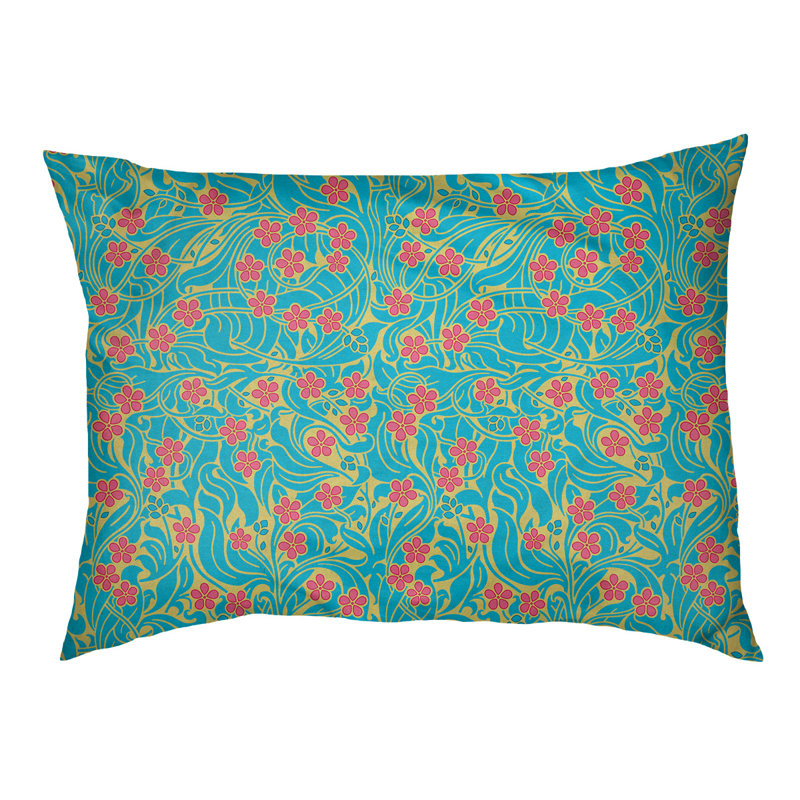 Coussin stylisé à motif floral tourbillony Byrge, l 42,5 po x L 32,5 po, Jaune / Bleu