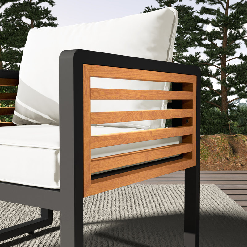 4-Piece Outdoor  Modern Industrial Metal & Acacia Wood Patio Conversation Set with 4-Inch Cushions and Slatted Arm Design