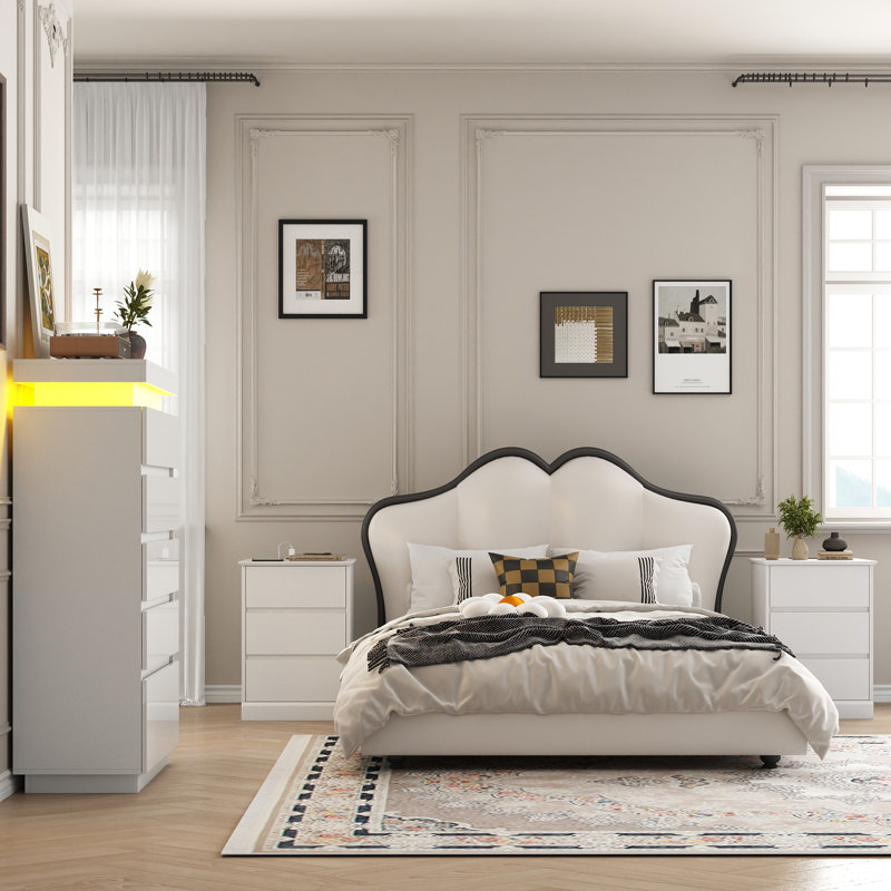 Ensemble de rangement moderne de 3 pièces pour chambre à coucher avec commode haute éclairée par DEL et 2 tables de chevet avec chargeur