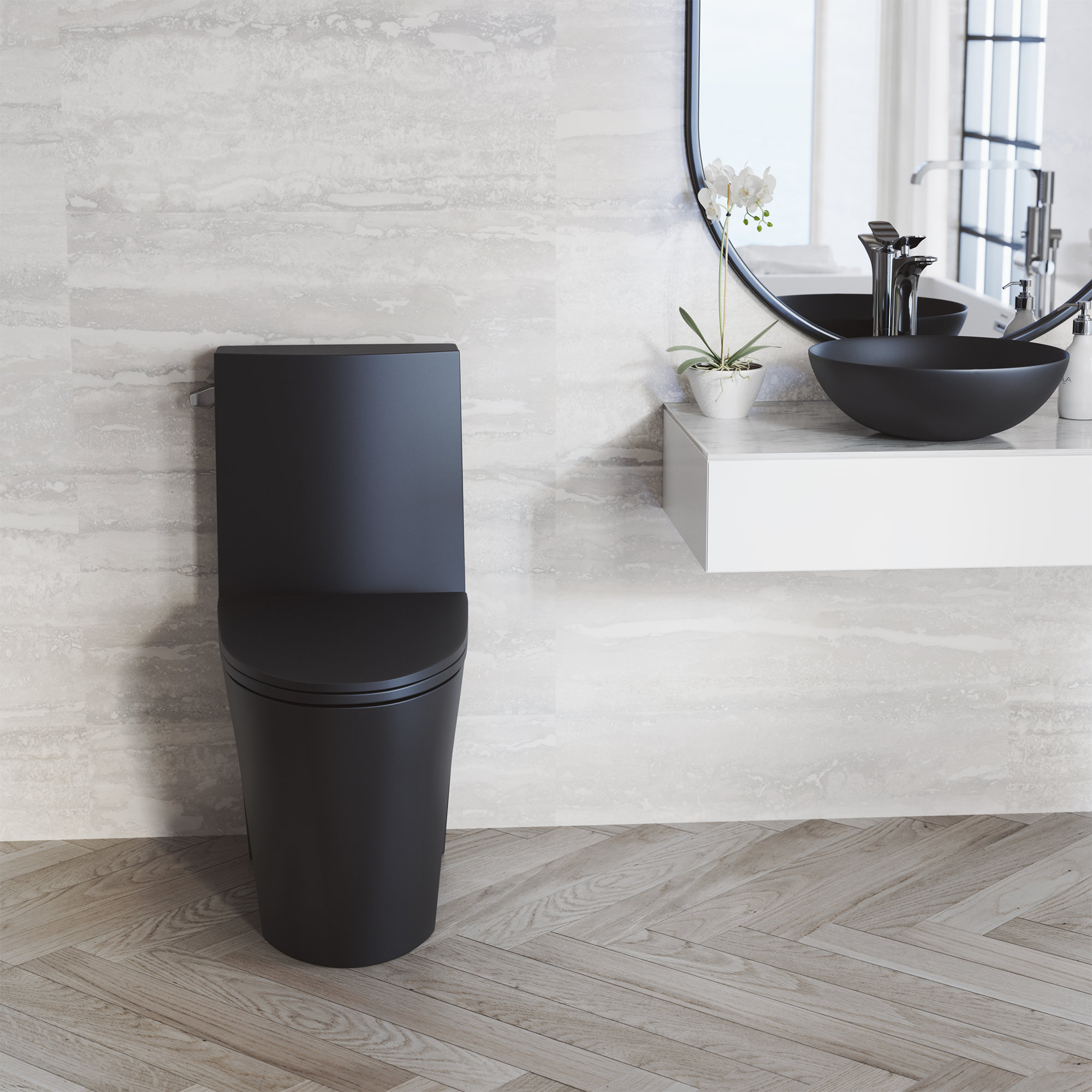 St. Tropez One Piece Elongated Toilet Dual Vortex Flush 1.6 GPF, Matte Black, Left, 12"