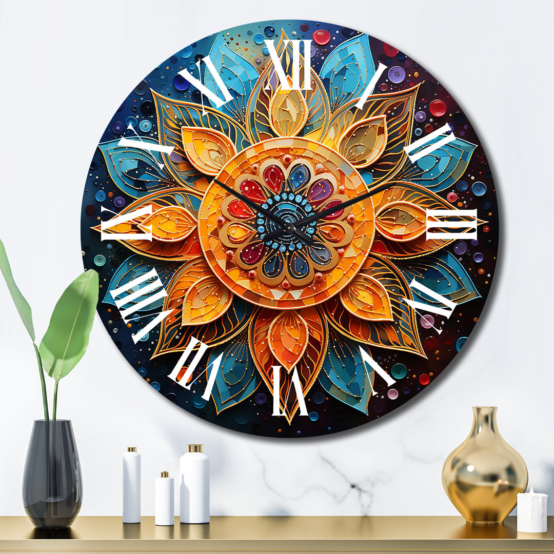 Gold Teal Yoga Mandala Pointillism Metal Wall Clock Design Art 