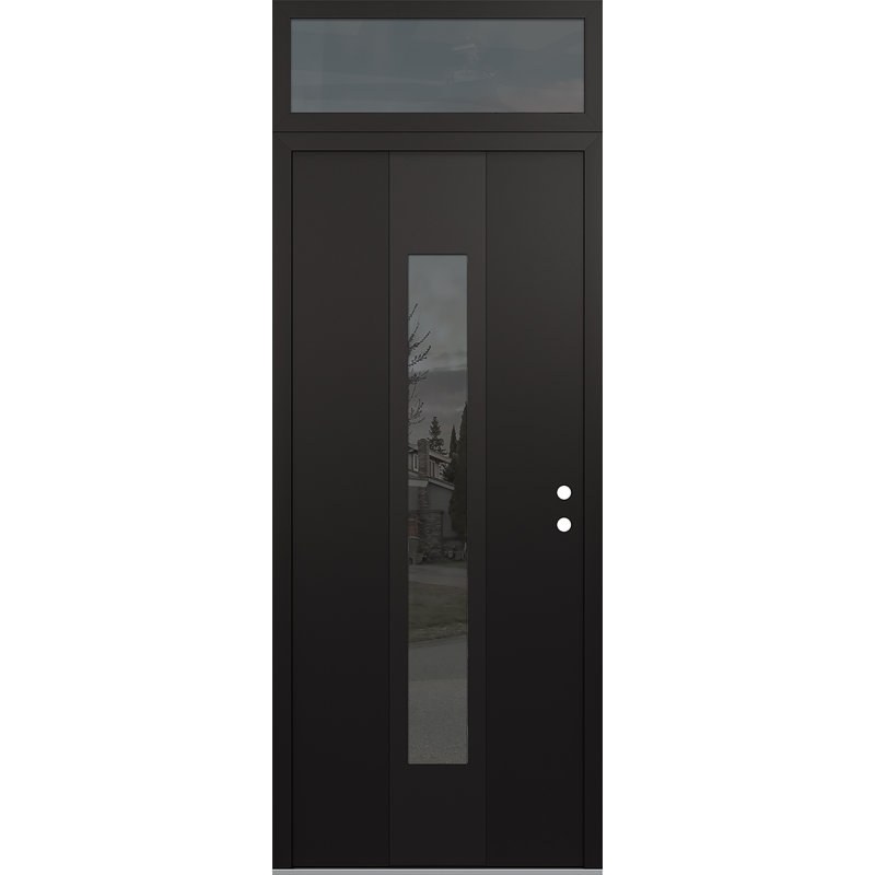 Porte d'entrée pré-suspendue en acier noir avec panneau arrière droit et panneau arrière, Noir, Réfléchissant