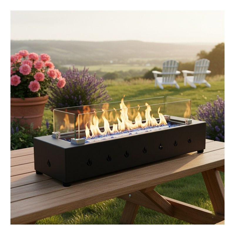 Table de foyer rectangulaire au propane de 71 cm (28 po) avec pare-vent, chauffage de terrasse extérieur de 40 000 BTU, structure en acier noir et billes de verre