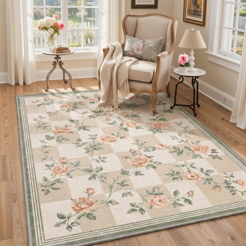 Tapis ivoire / vert lavable à la machine avec envers antidérapant, Rectangle 120 po x 96 po