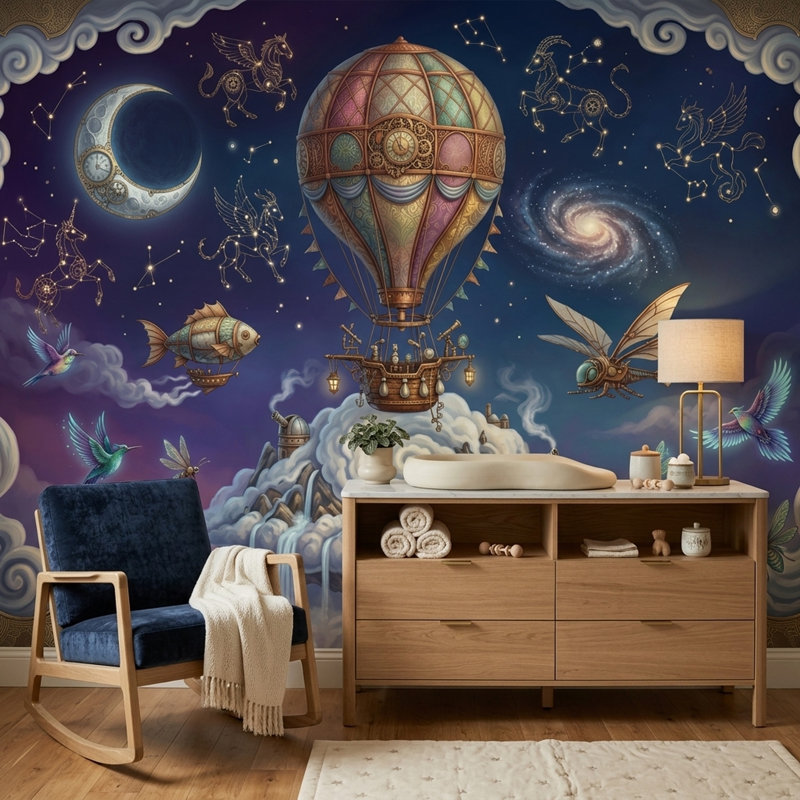 Papier peint montgolfière, ciel nocturne et constellations, 180"x120", Non-Woven Nonpasted