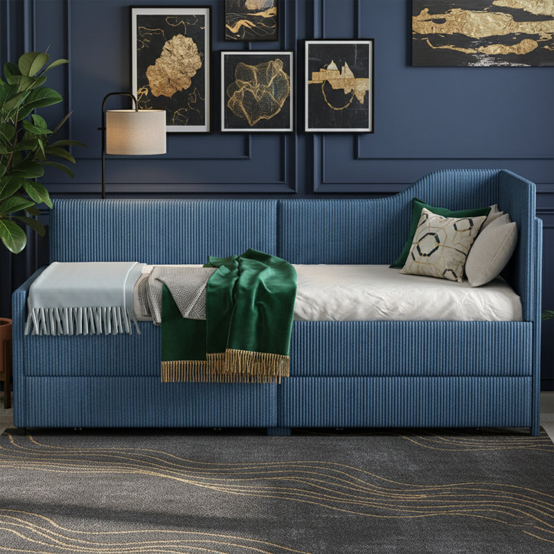 Twin Size L-Shaped Corner Daybed With 2 Drawers - Corduroy Upholstered Bed Frame - Beige, Blue