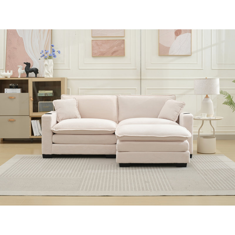 Canapé en velours côtelé beige avec 2 sièges, port et porte-gobelet - Transformez votre salon, appartement, bureau en forme de L en place pour un style confortable
