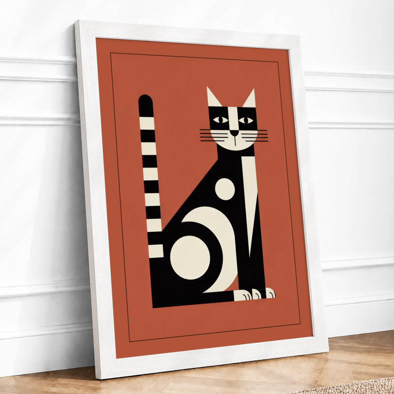 Geometric Cat Mid-Century - Framed Print, A2 - 59.4 x 42.0 cm, White