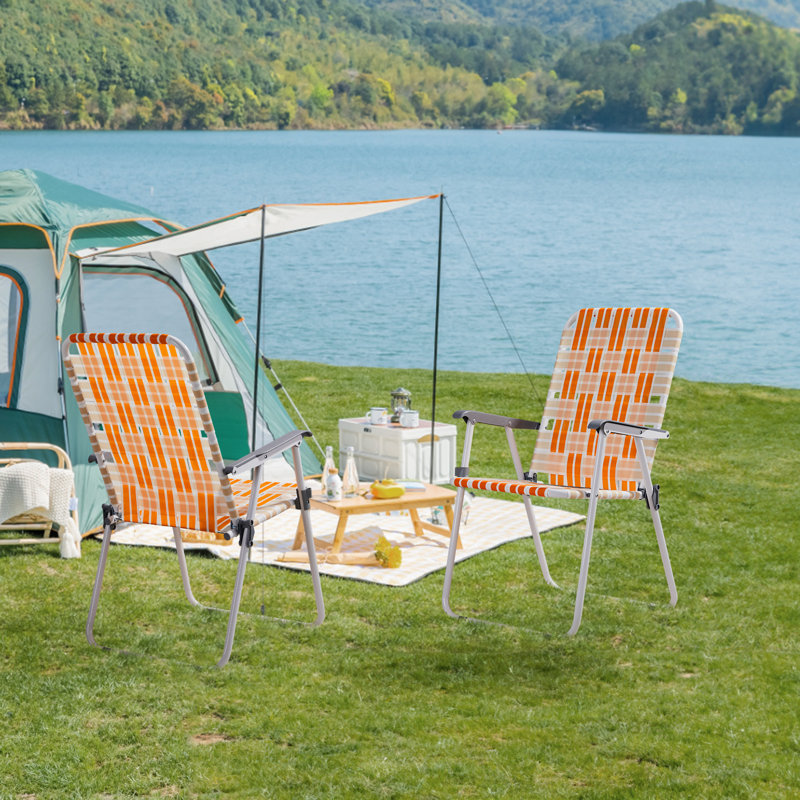 Patio Steel Folding Beach Chair (Set Of 2), White/Orange