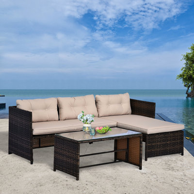 Mobilier de patio - 3 pièces avec méridienne, sièges rembourrés épais, table en verre lingette, rembourrage d'extérieur beige, plateau de table, intempéries