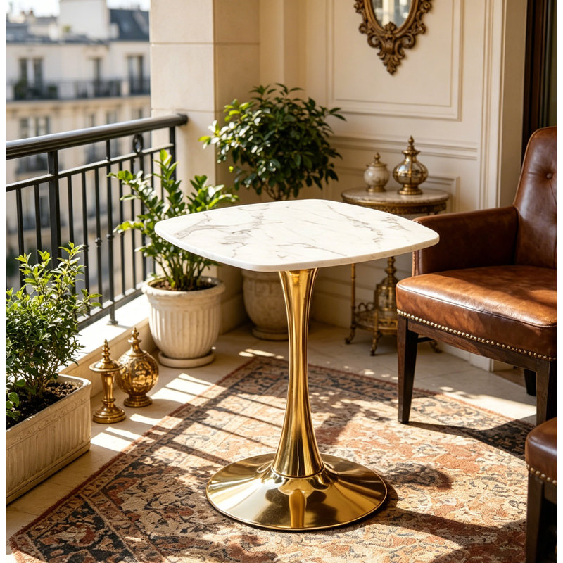 Square Dining Table, 23.6" Table With Thickened Edge Decor Tabletop & Metal Pedestal, Mid Century Modern Bistro Table For Kitchen, Small Places, Living Room, Cafe