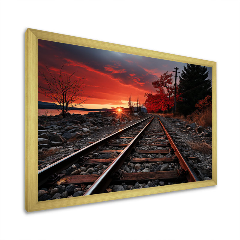 Train, train rouge, paysage I, H 24 po x l 32 po x P 1 po, Encadrement doré
