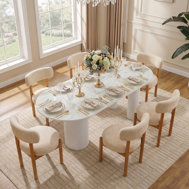 79'' Modern Dining Table for 8-10 People, White Rectangular Kitchen Table with Sintered Stone Tabletop and 3 Wooden Legs, Contemporary Dining Room Table for Home Living Room (Table Only)